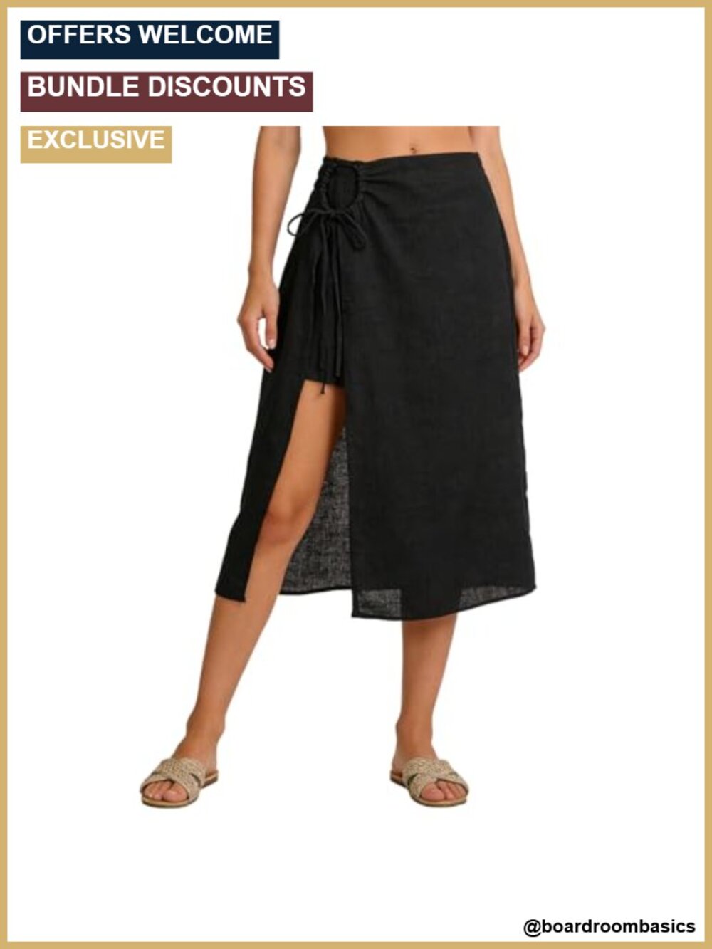 100% Linen High Slit Wrap Midi Skirt High Waisted Drawstring